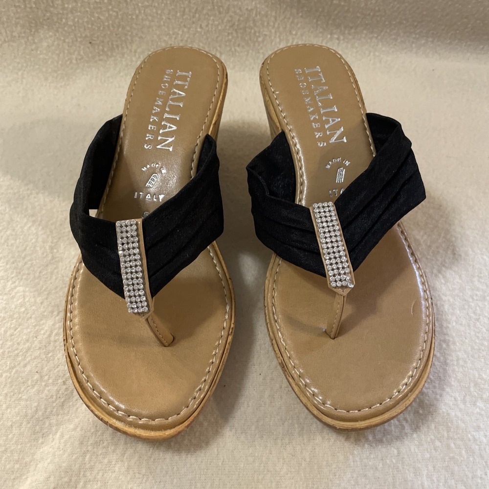 Italian Shoemakers Women's Black Rhinestone Boho Wedge Festival Sandal Size 5